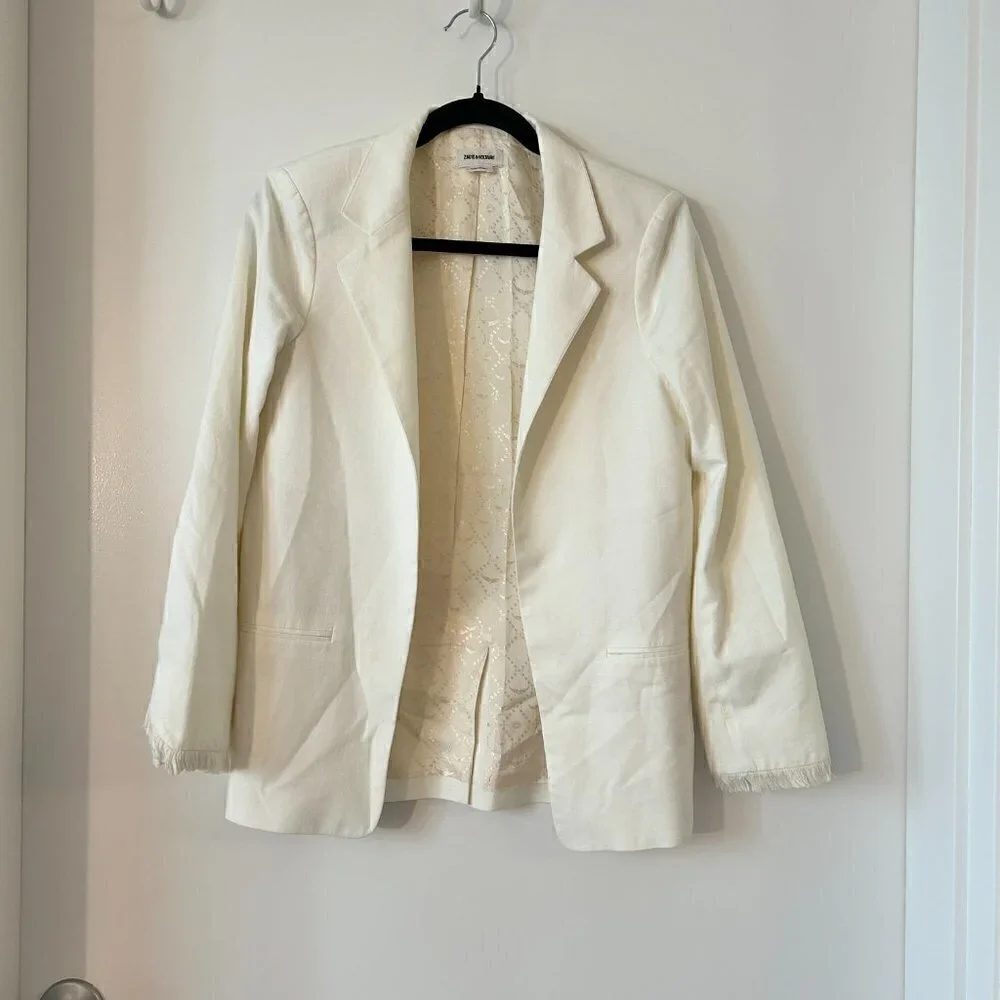 Zadig & Voltaire Volly Frange Ivory Open Front Blazer Jacket Size 36 - Picture 4 of 12